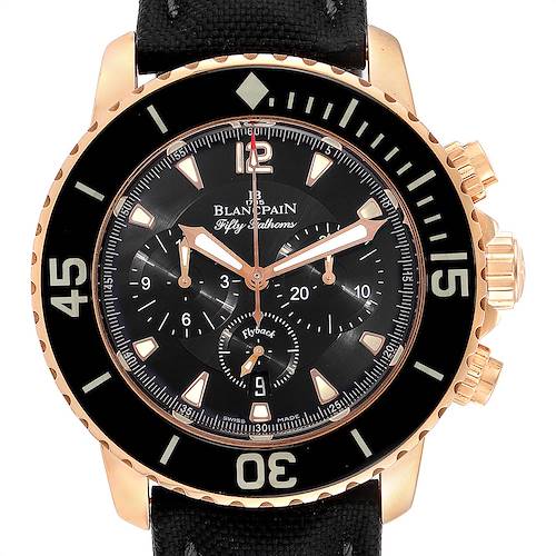 Photo of Blancpain Fifty Fathoms Flyback Rose Gold Chronograph Mens Watch 5085F Box Card