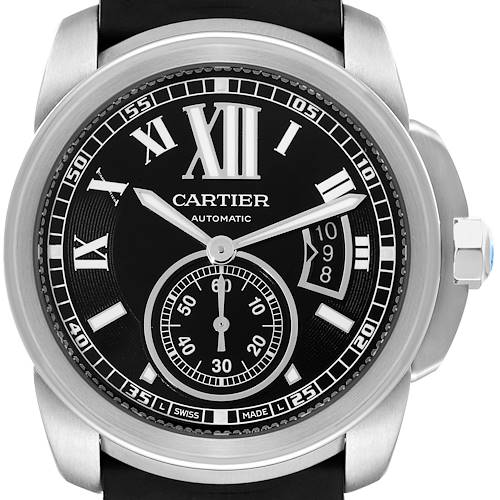 Photo of Cartier Calibre Black Dial Steel Mens Watch W7100041 Box Papers