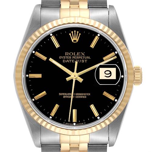 Photo of Rolex Datejust Steel Yellow Gold Black Dial Mens Watch 16233 Box Papers