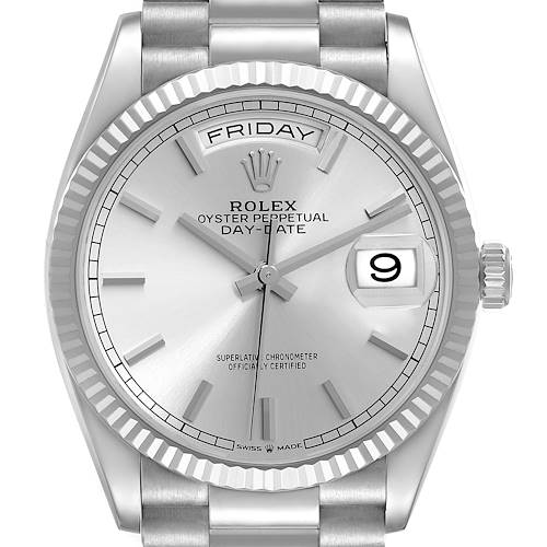 Photo of Rolex Day Date 36mm President White Gold Silver Dial Mens Watch 128239 Unworn
