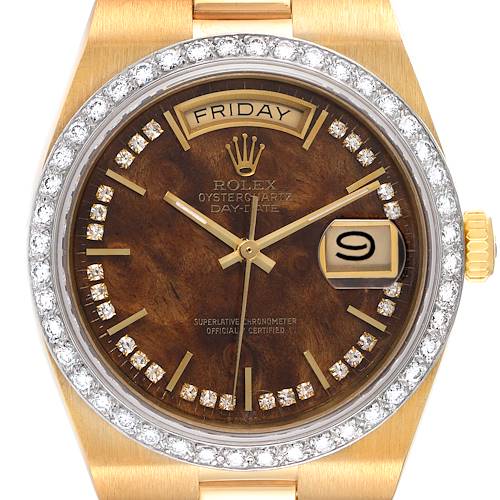 Photo of Rolex Oysterquartz President Day-Date Yellow Gold Wood Diamond Dial Mens Watch 19048